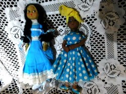 2 12" VINTAGE CLOTH JOINTED  NATIVE ISLAND LADY DOLLS,  BLUE OUTFITS, SHOES
